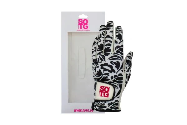 Golfhandschuhe für Damen im Design Becky aus Cabretta-Leder für Linkshänder vor der Verpackung