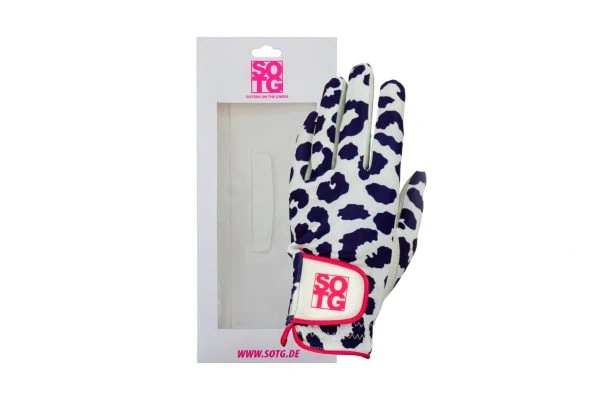 Golfhandschuhe für Damen im Design Lea aus Cabretta-Leder für Linkshänder vor der Verpackung