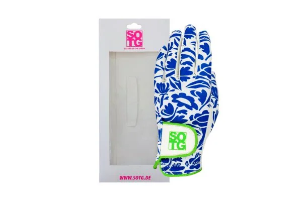 Golfhandschuhe für Damen im Design Rosie aus Cabretta-Leder für Linkshänder vor der Verpackung